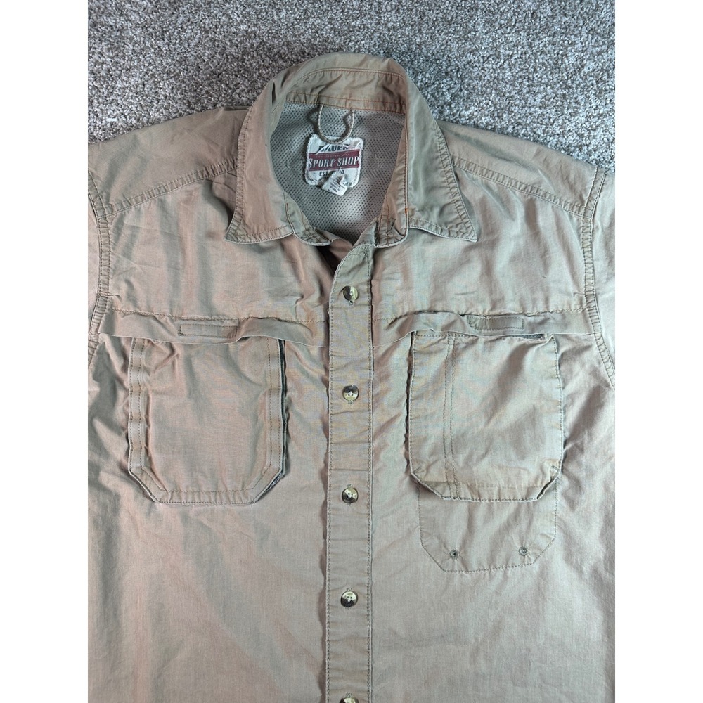 Eddie Bauer Sport Shop Mens Medium Khaki Tan Short Sleeve Fishing Hiking Shirt
